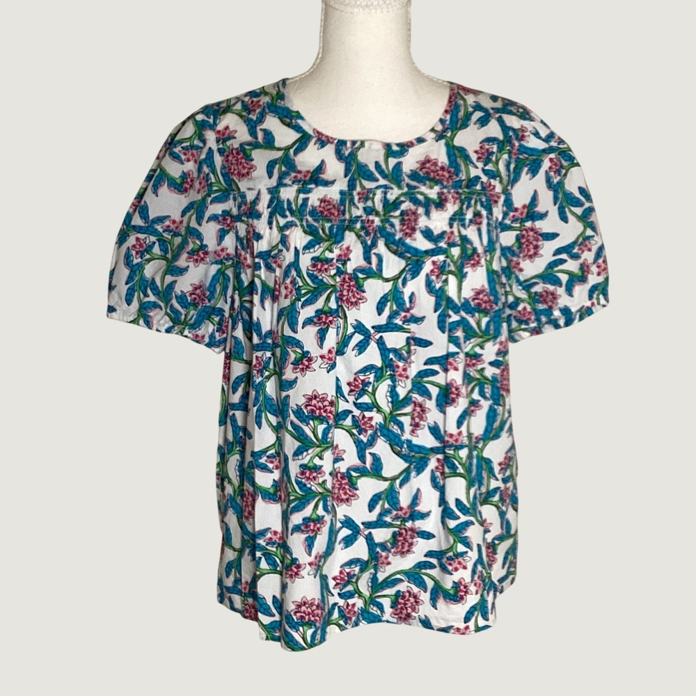 J.Crew Floral Smocked Top Women Medium White Pink Blue Boho Cotton Puff Sleeve